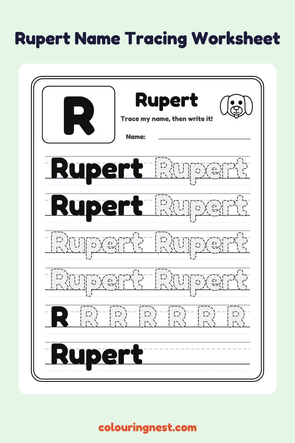 Rupert Name Tracing Worksheet: free printable black-and-white line art