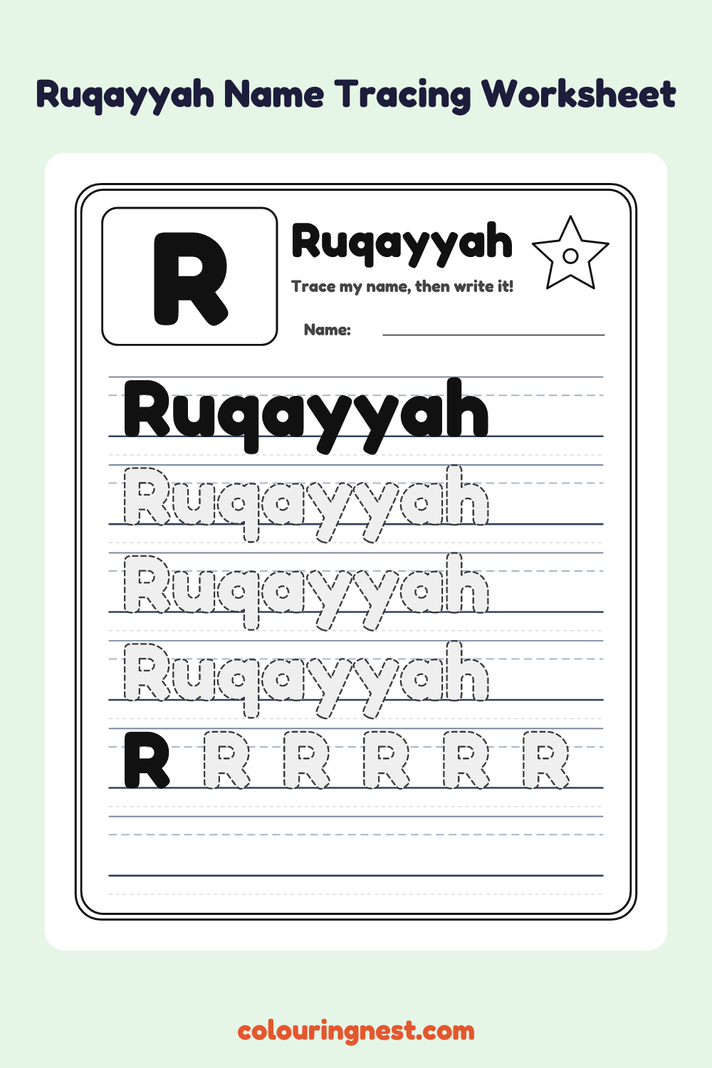 Ruqayyah Name Tracing Worksheet: free printable black-and-white line art