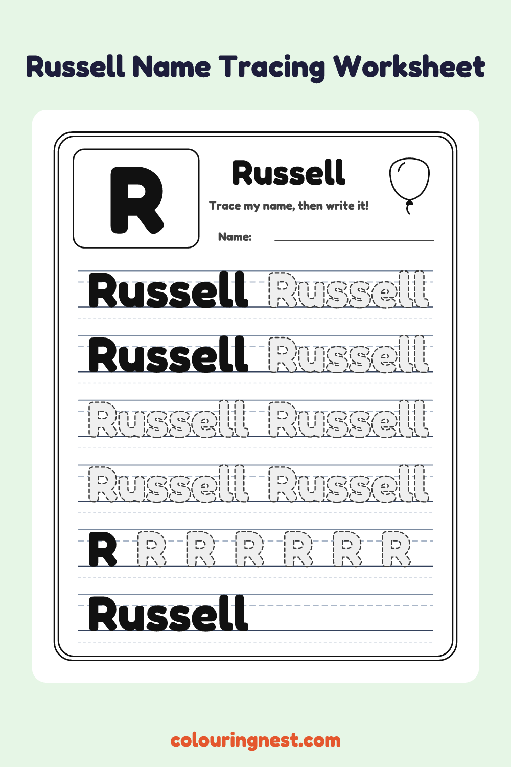 Russell Name Tracing Worksheet: free printable black-and-white line art