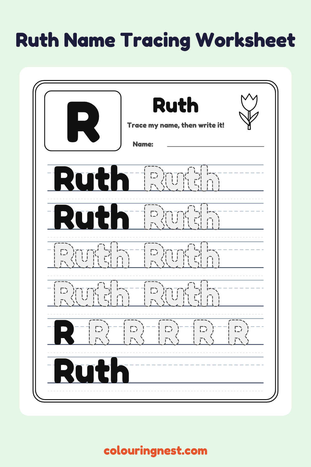 Ruth Name Tracing Worksheet: free printable black-and-white line art