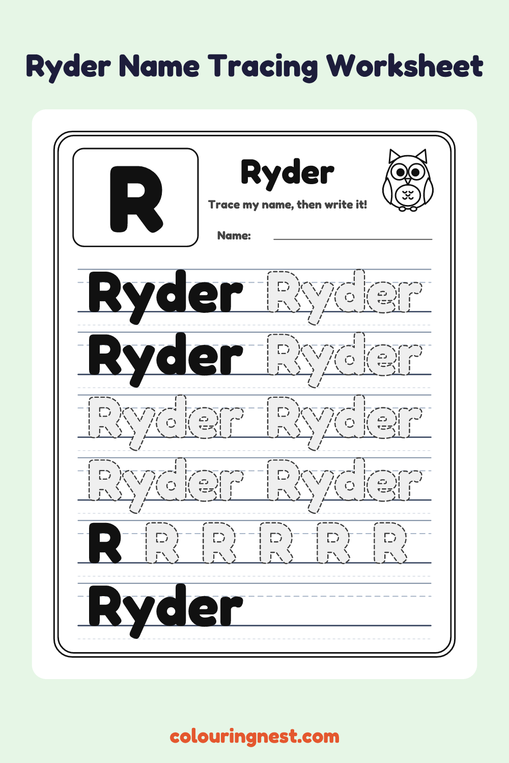 Ryder Name Tracing Worksheet: free printable black-and-white line art