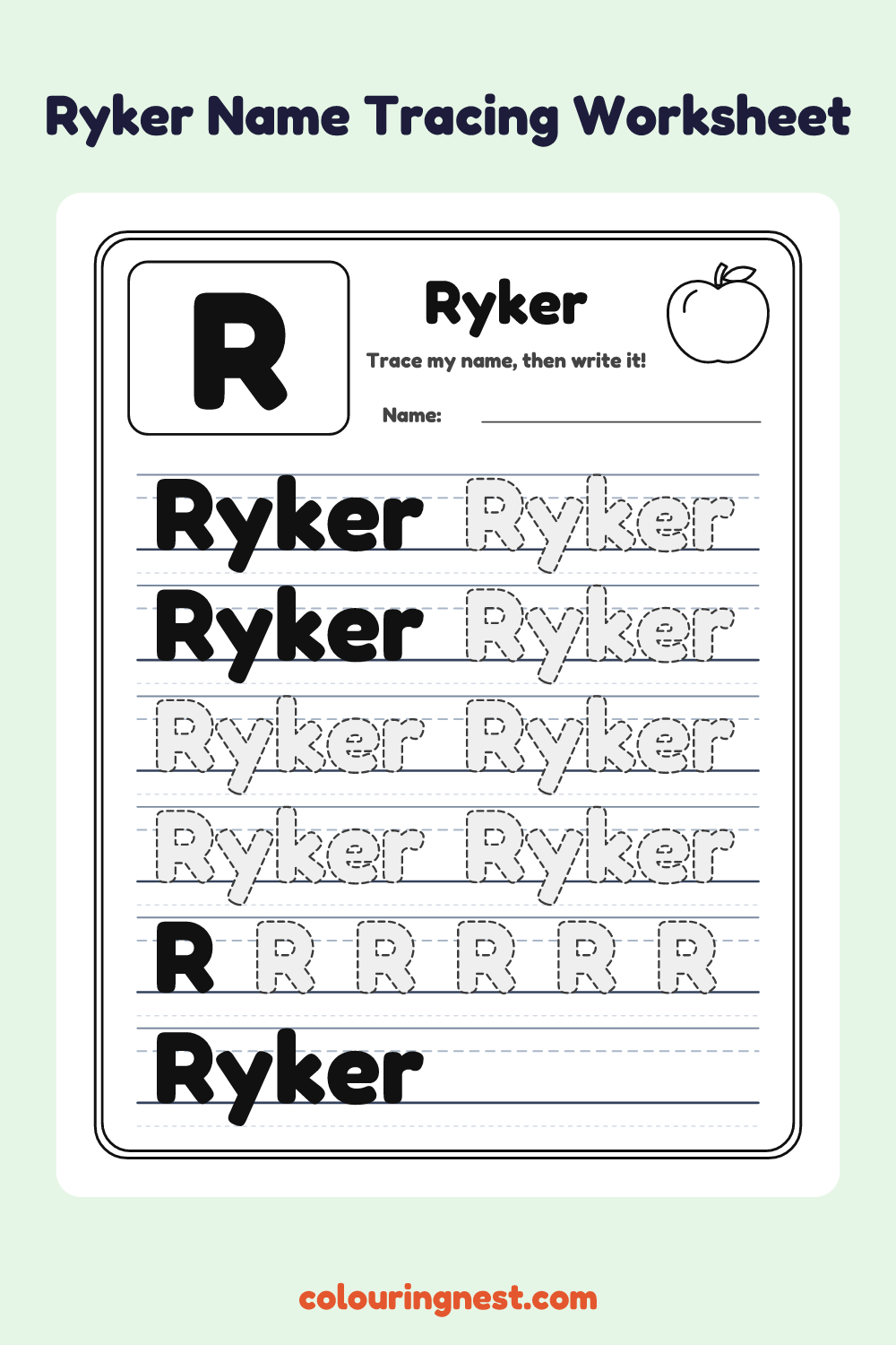 Ryker Name Tracing Worksheet: free printable black-and-white line art
