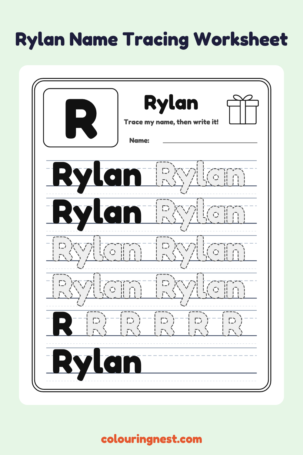 Rylan Name Tracing Worksheet: free printable black-and-white line art