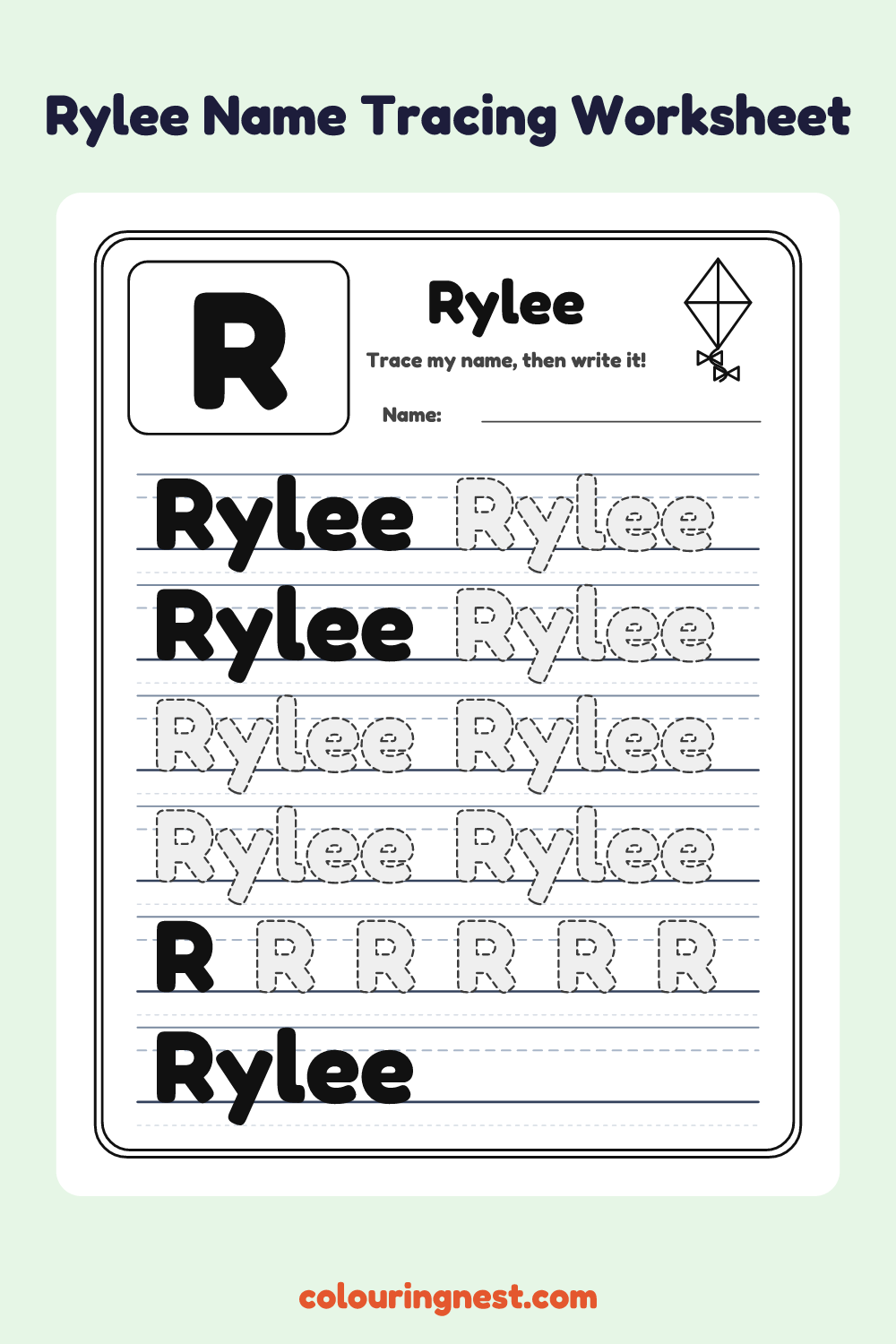 Rylee Name Tracing Worksheet: free printable black-and-white line art