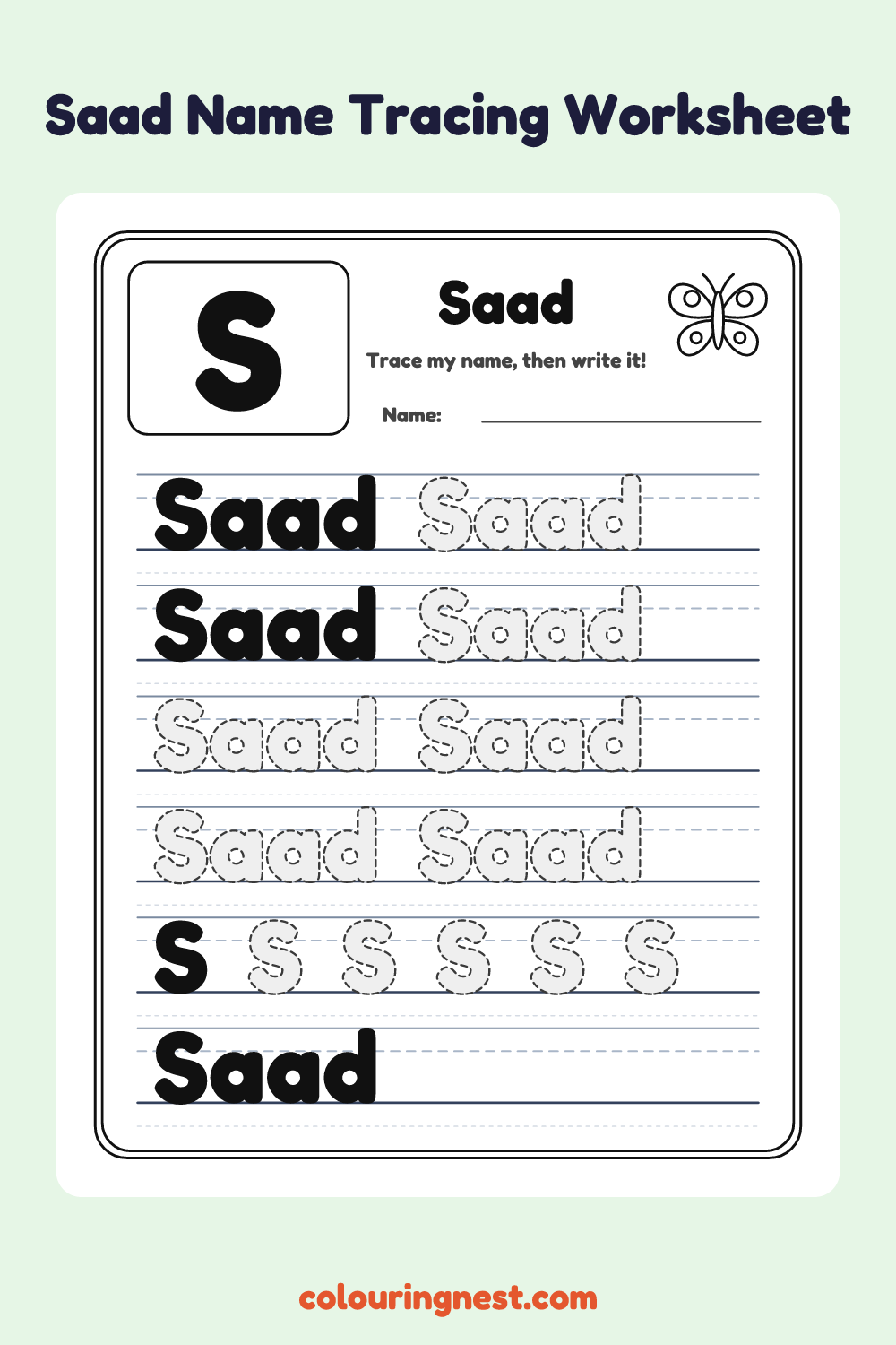 Saad Name Tracing Worksheet: free printable black-and-white line art