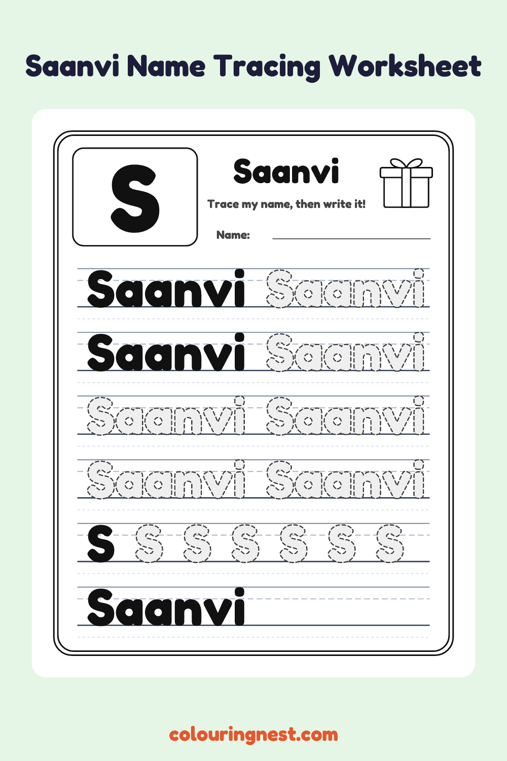 Saanvi Name Tracing Worksheet: free printable black-and-white line art