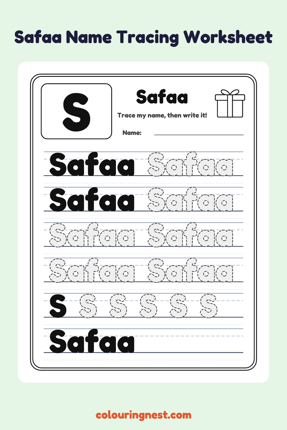 Safaa Name Tracing Worksheet: free printable black-and-white line art