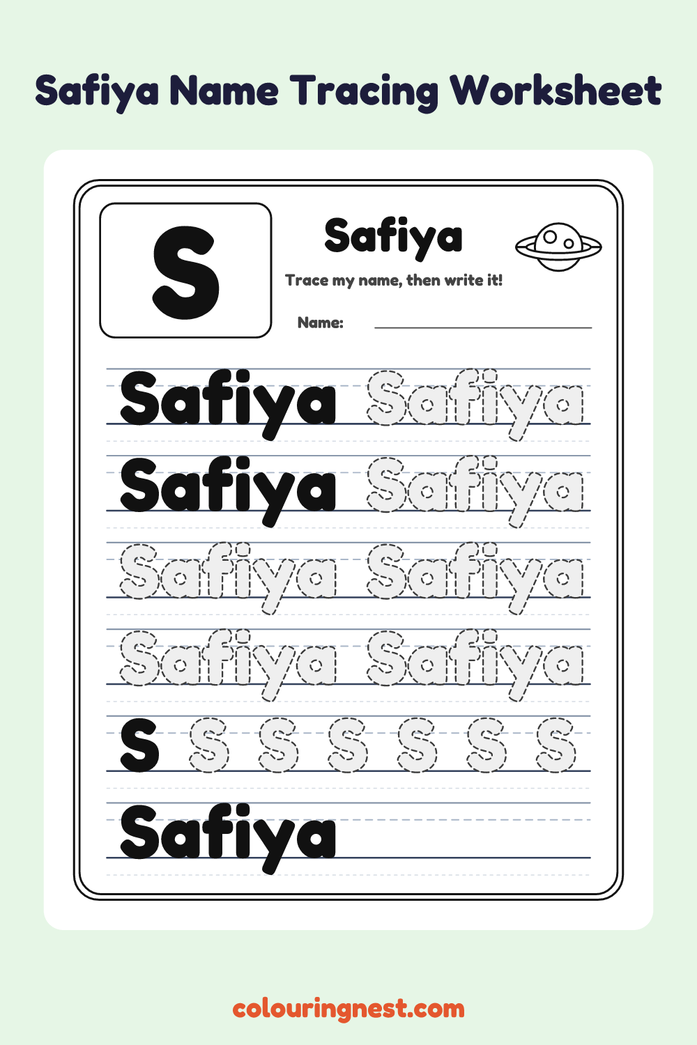 Safiya Name Tracing Worksheet: free printable black-and-white line art