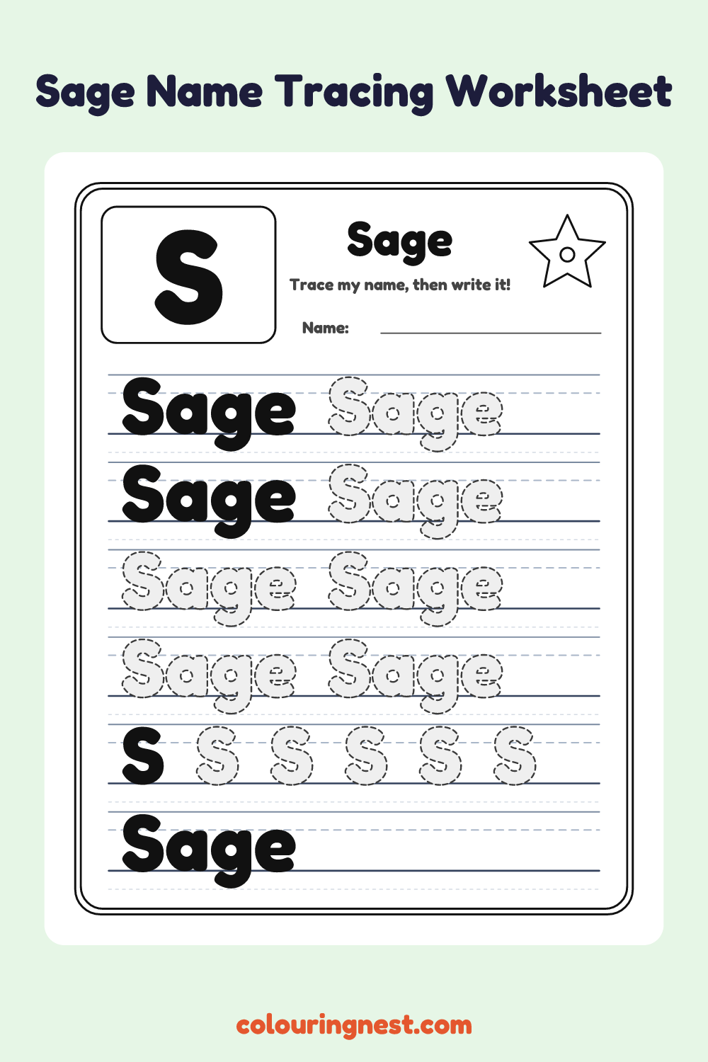 Sage Name Tracing Worksheet: free printable black-and-white line art