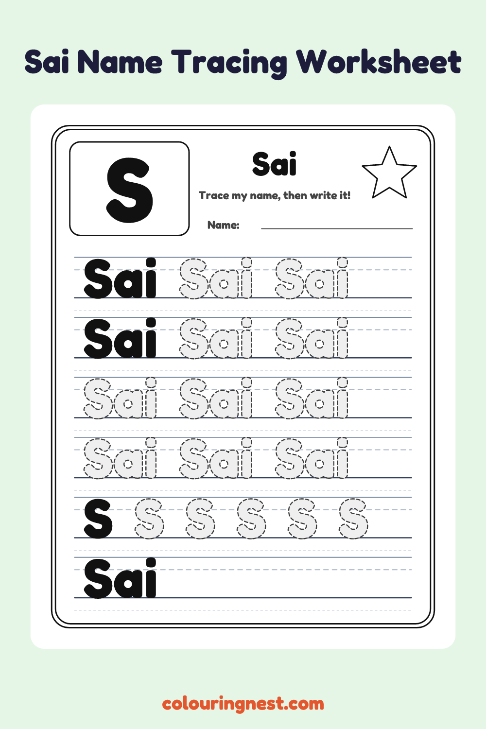Sai Name Tracing Worksheet: free printable black-and-white line art