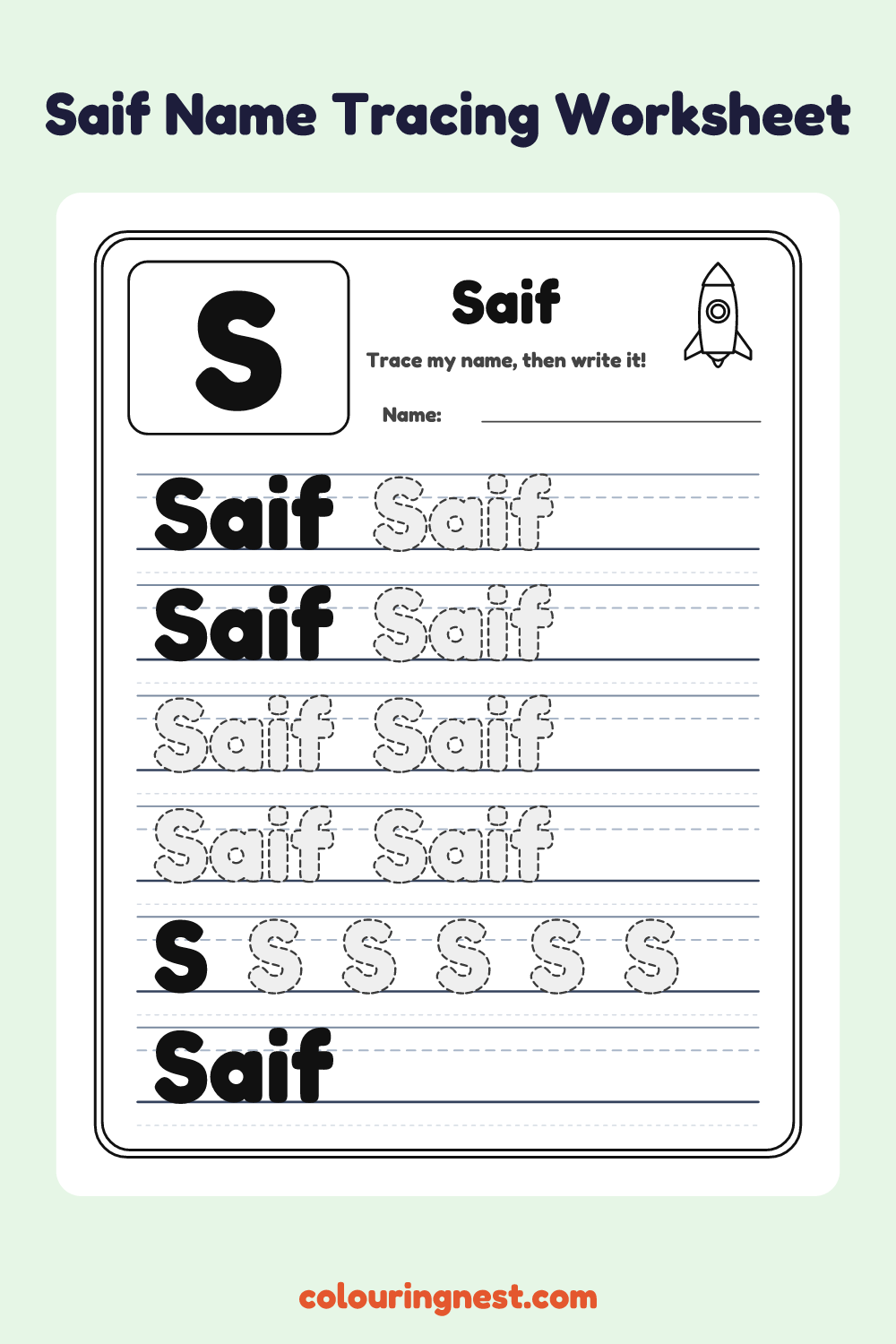 Saif Name Tracing Worksheet: free printable black-and-white line art