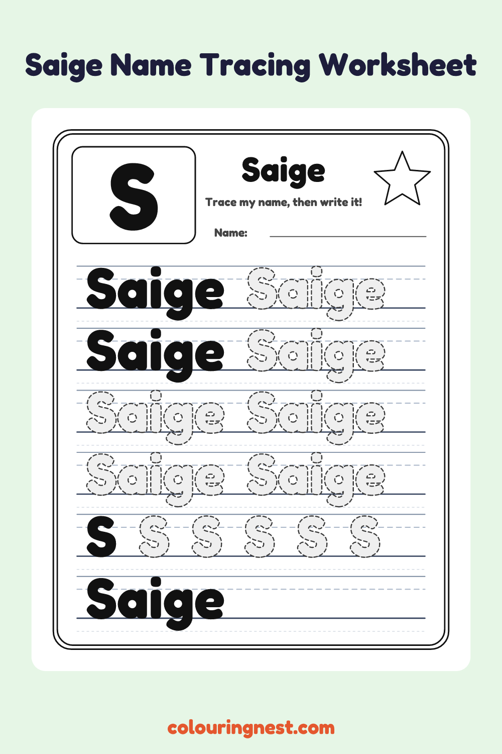 Saige Name Tracing Worksheet: free printable black-and-white line art