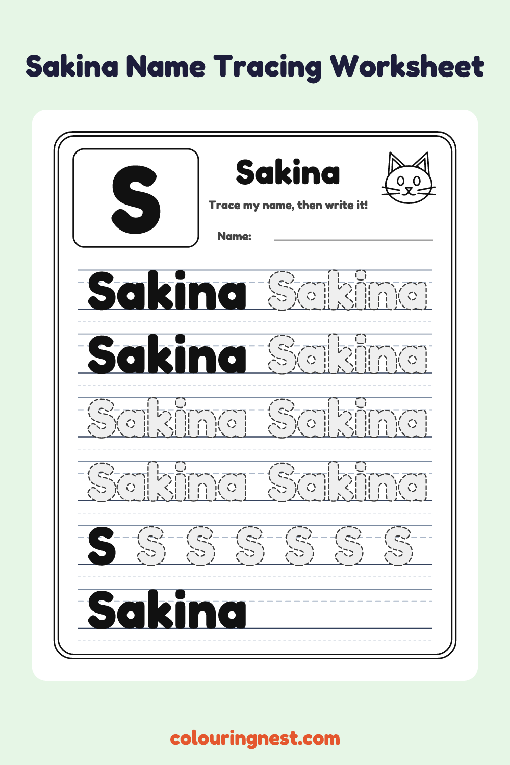 Sakina Name Tracing Worksheet: free printable black-and-white line art