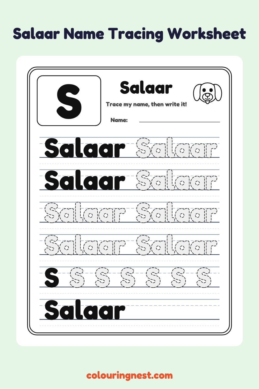 Salaar Name Tracing Worksheet: free printable black-and-white line art