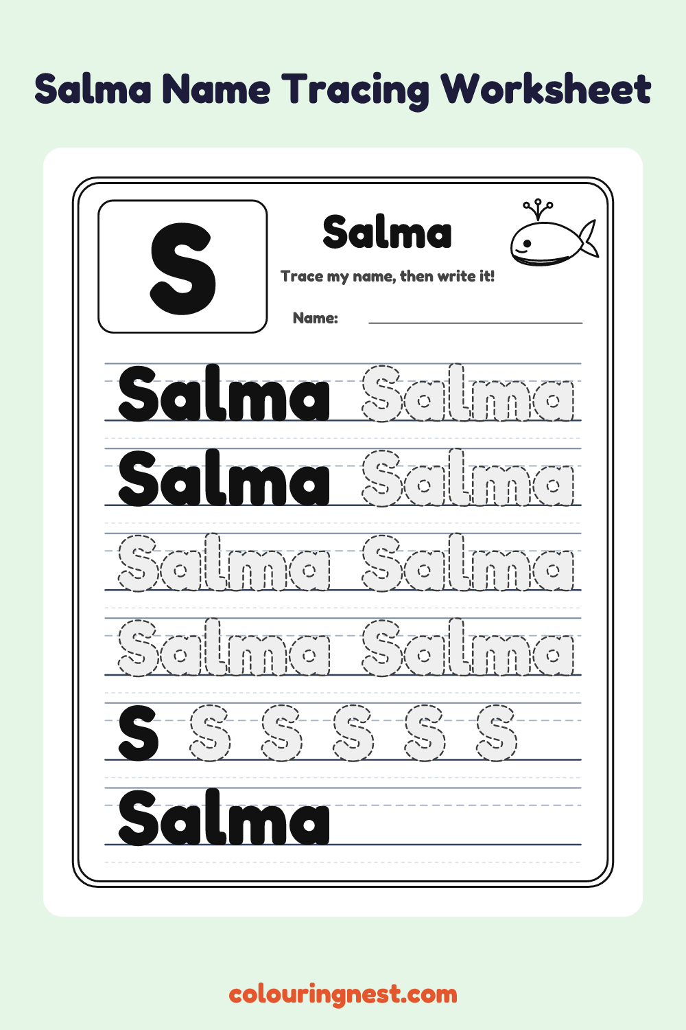 Salma Name Tracing Worksheet: free printable black-and-white line art