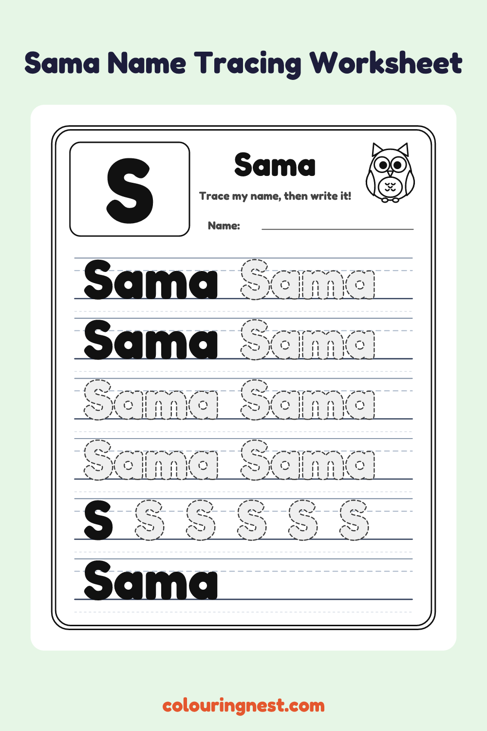Sama Name Tracing Worksheet: free printable black-and-white line art