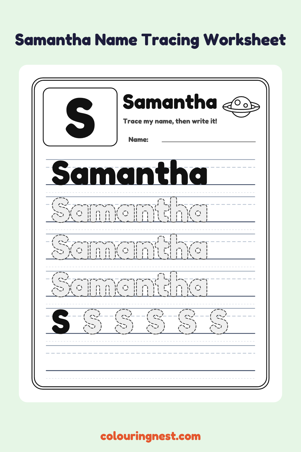 Samantha Name Tracing Worksheet: free printable black-and-white line art