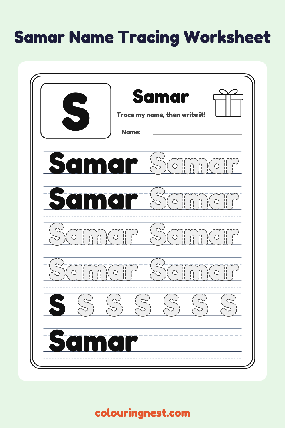 Samar Name Tracing Worksheet: free printable black-and-white line art