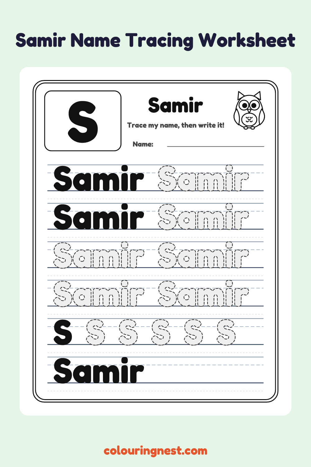 Samir Name Tracing Worksheet: free printable black-and-white line art