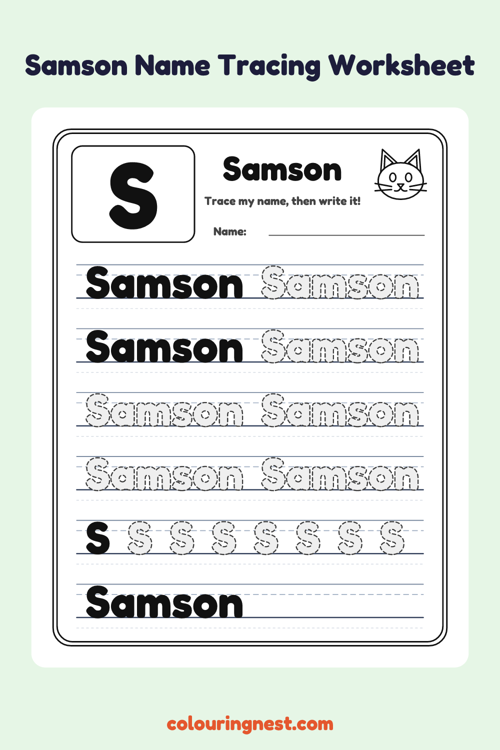 Samson Name Tracing Worksheet: free printable black-and-white line art