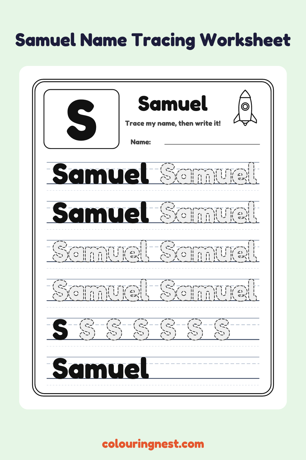 Samuel Name Tracing Worksheet: free printable black-and-white line art