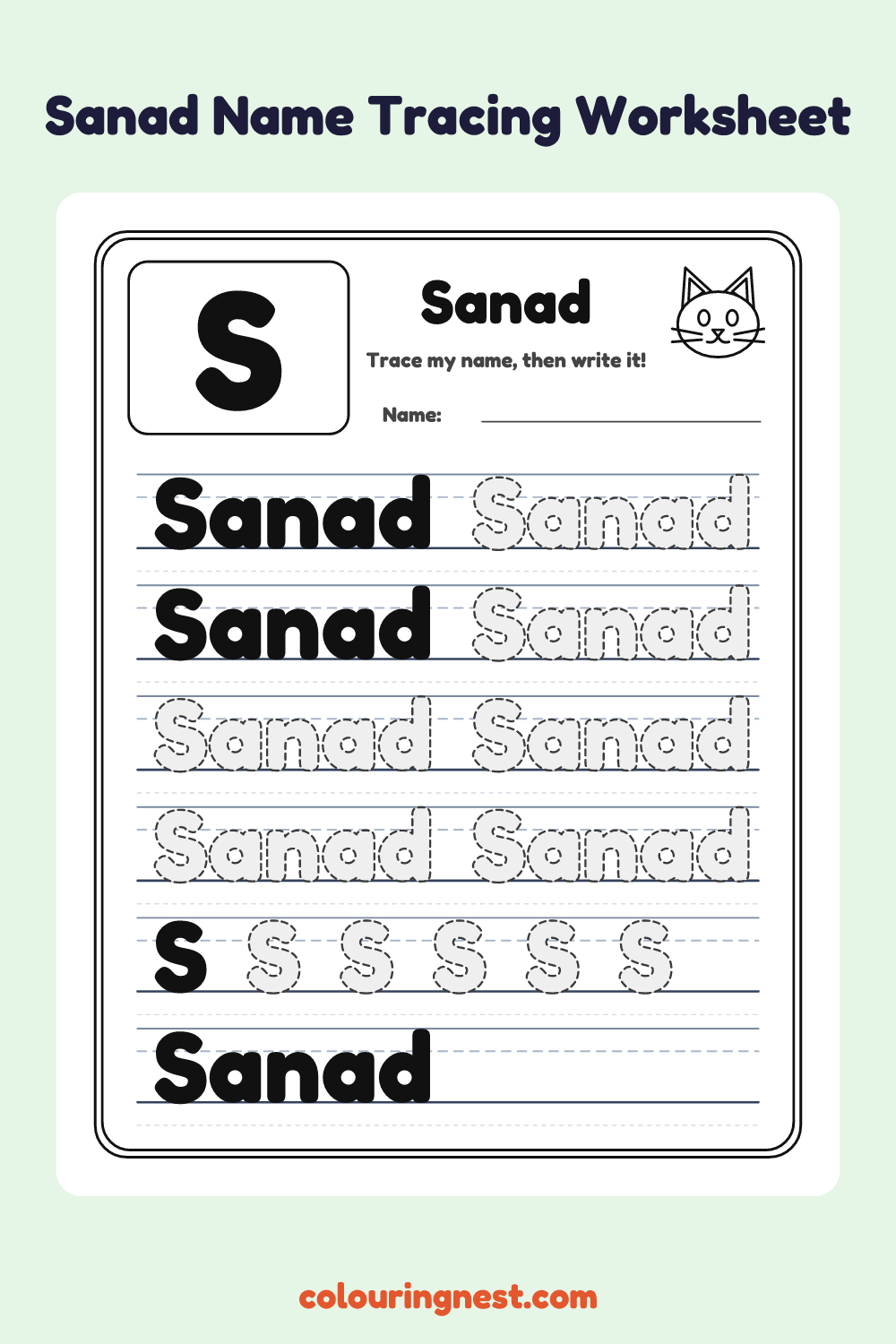 Sanad Name Tracing Worksheet: free printable black-and-white line art