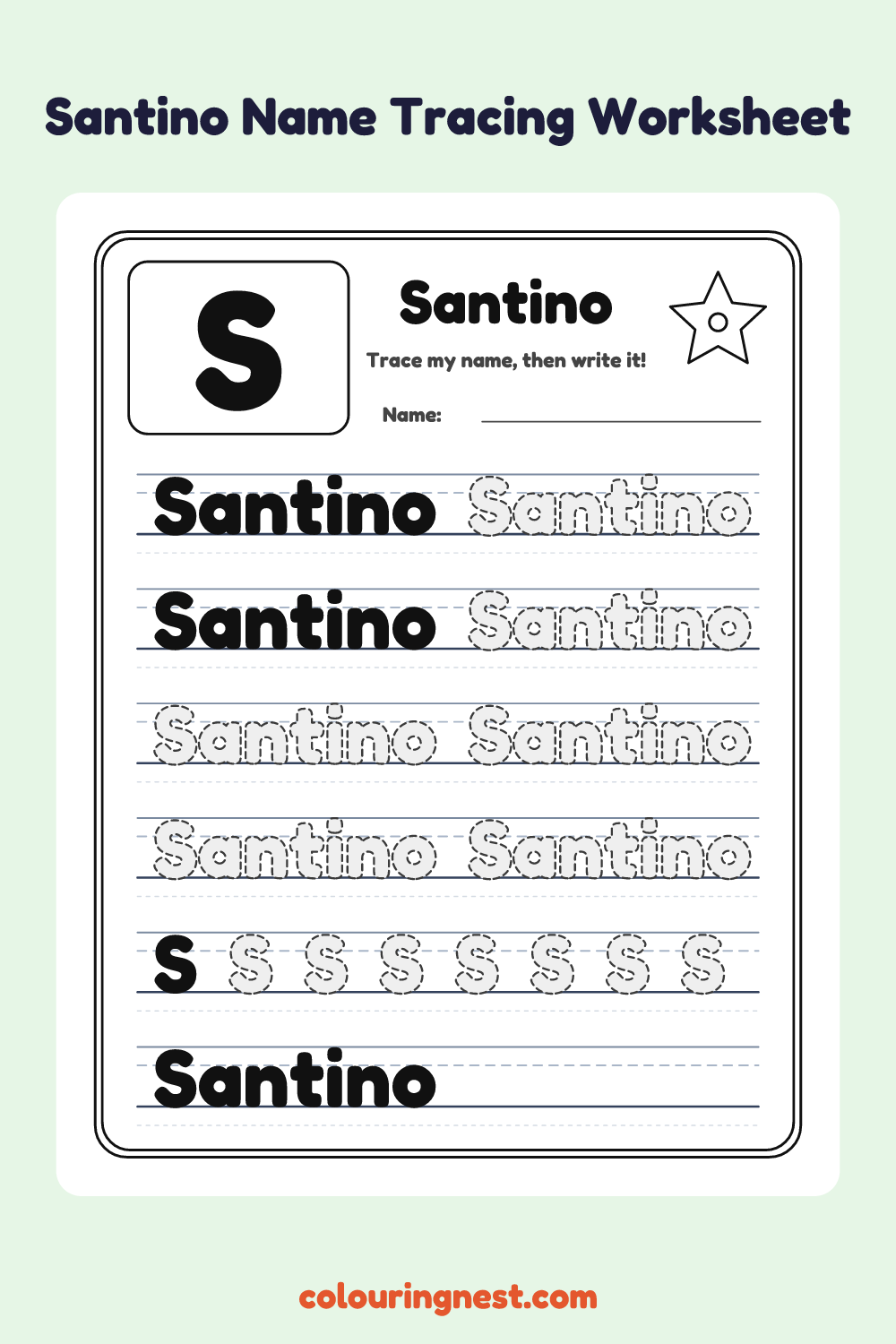 Santino Name Tracing Worksheet: free printable black-and-white line art