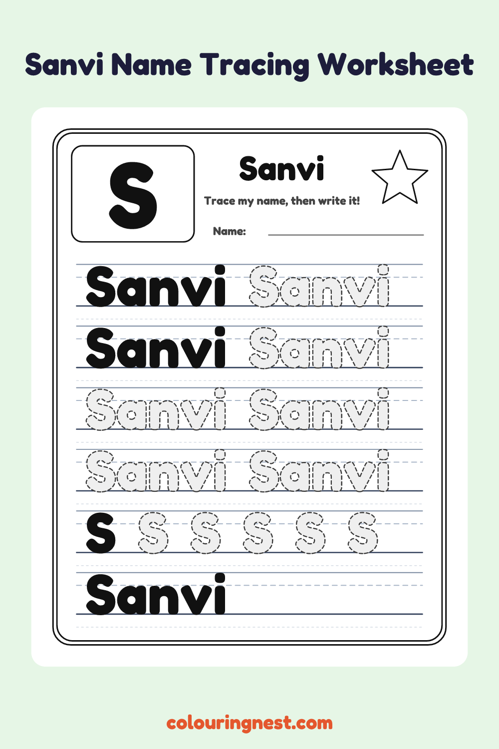 Sanvi Name Tracing Worksheet: free printable black-and-white line art