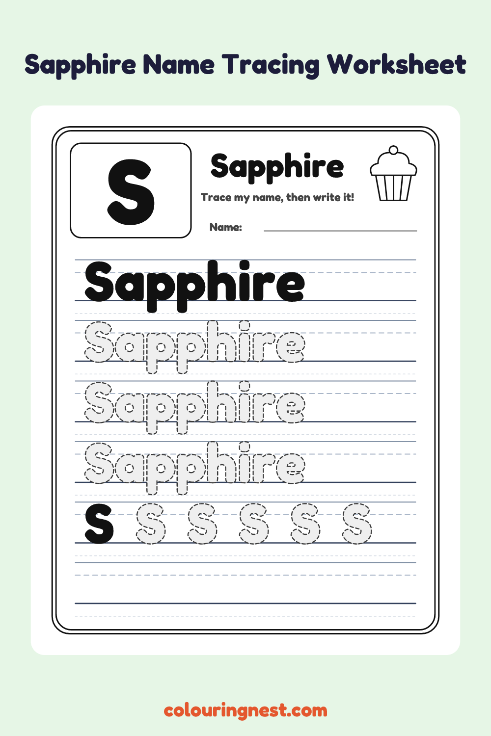 Sapphire Name Tracing Worksheet: free printable black-and-white line art