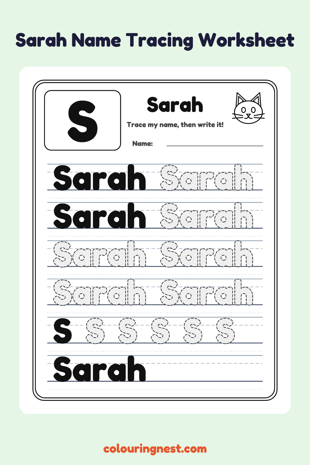 Sarah Name Tracing Worksheet: free printable black-and-white line art