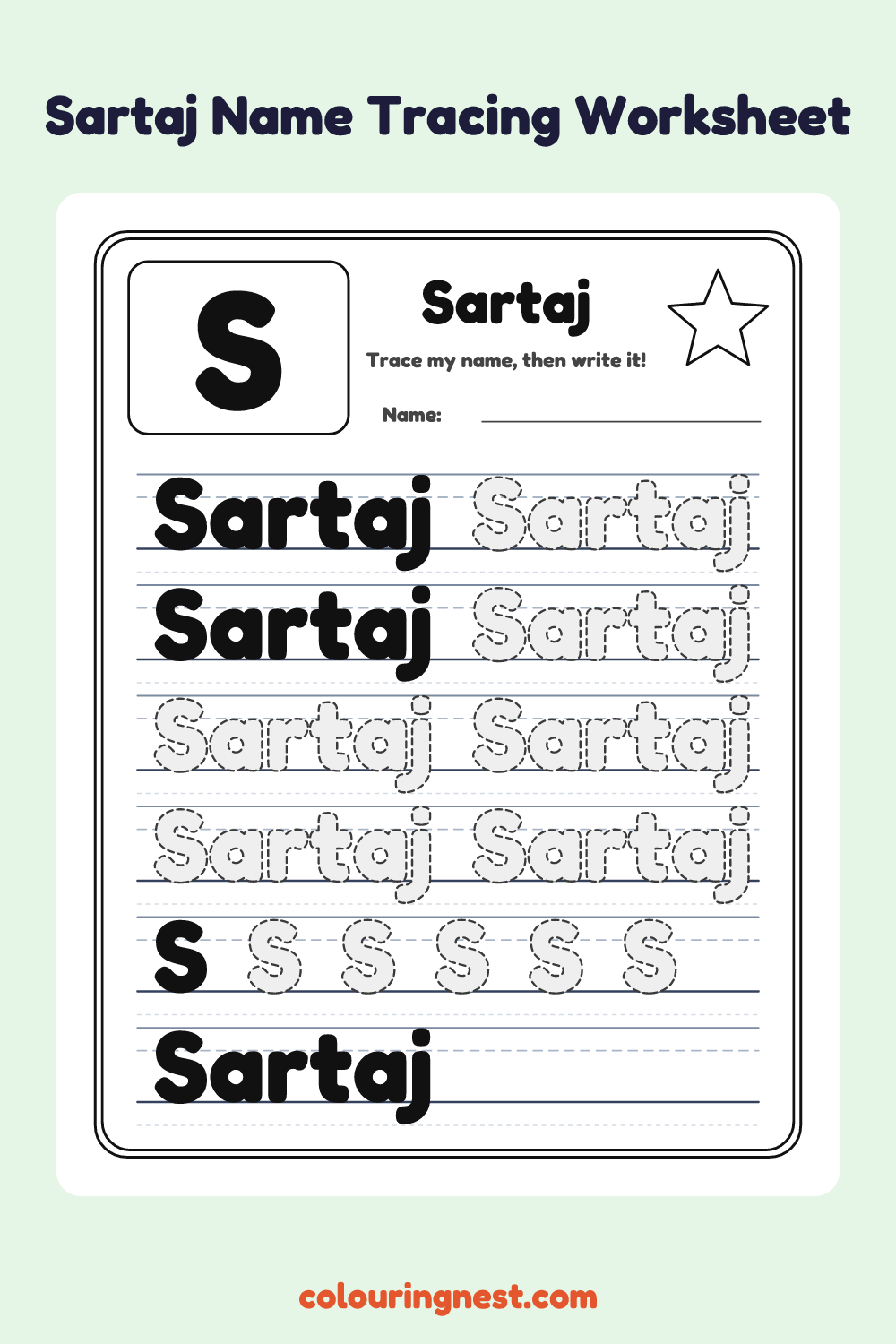 Sartaj Name Tracing Worksheet: free printable black-and-white line art