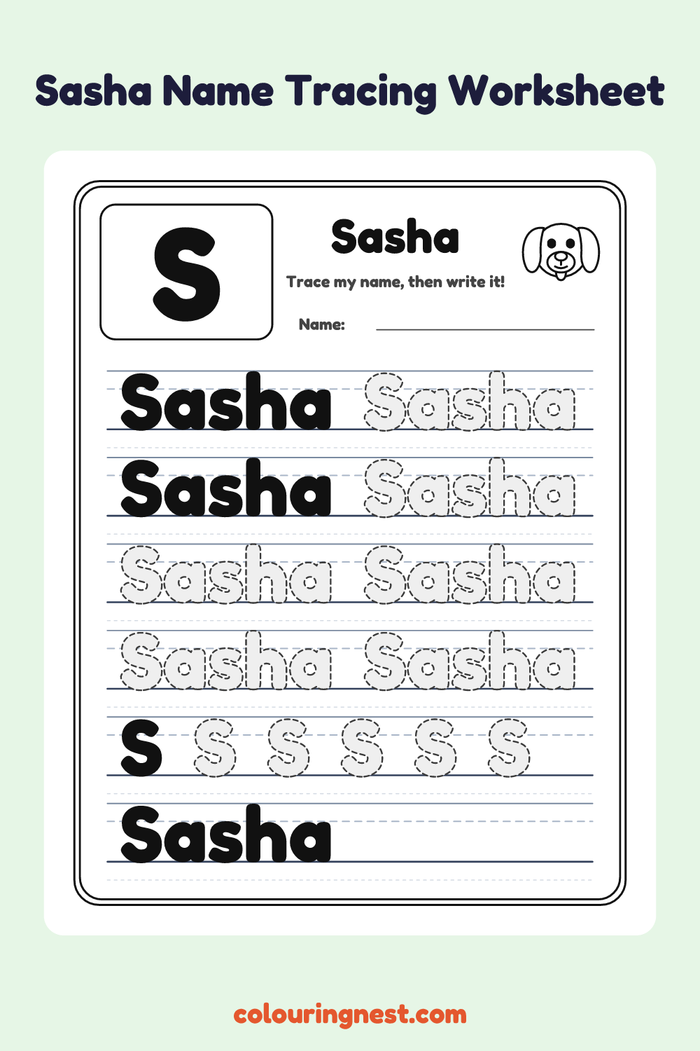 Sasha Name Tracing Worksheet: free printable black-and-white line art
