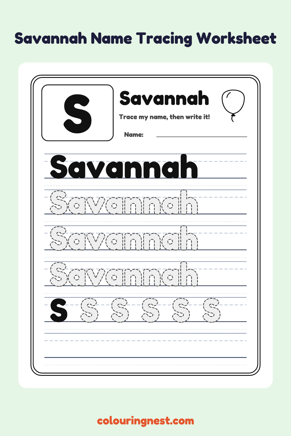 Savannah Name Tracing Worksheet: free printable black-and-white line art