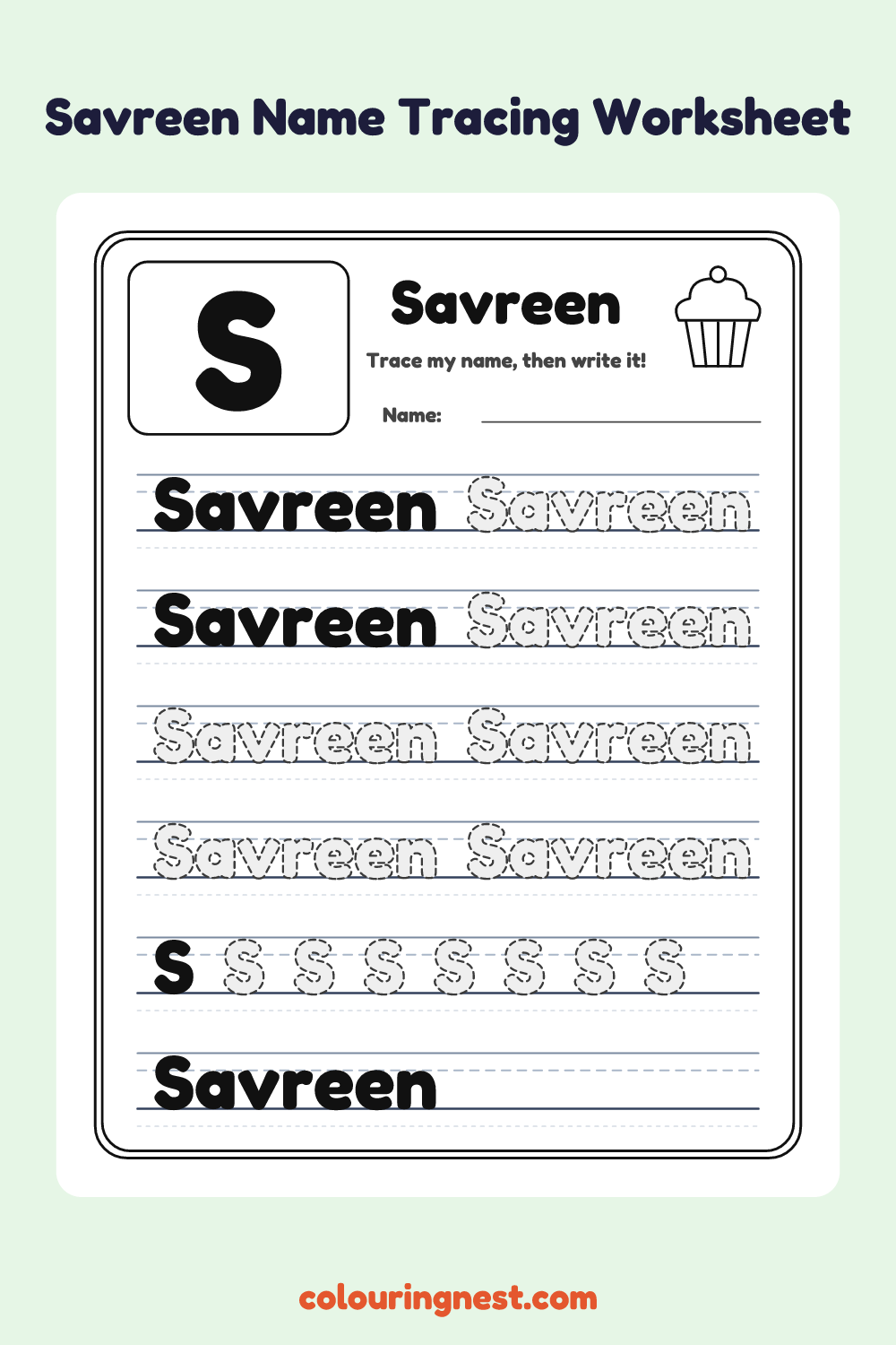 Savreen Name Tracing Worksheet: free printable black-and-white line art