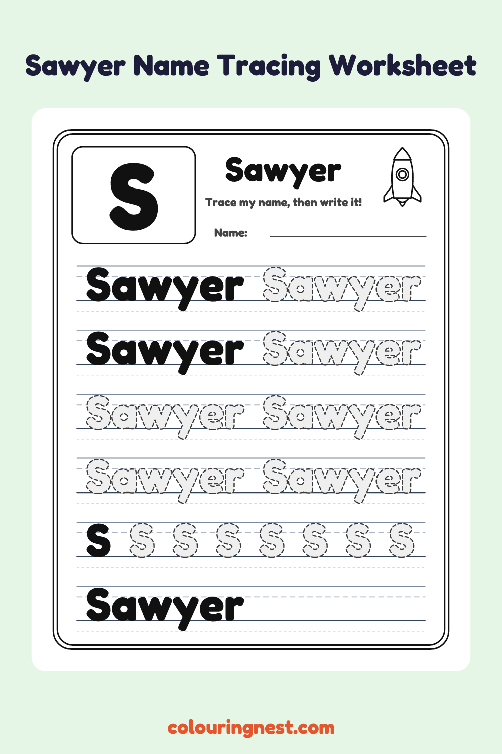 Sawyer Name Tracing Worksheet: free printable black-and-white line art