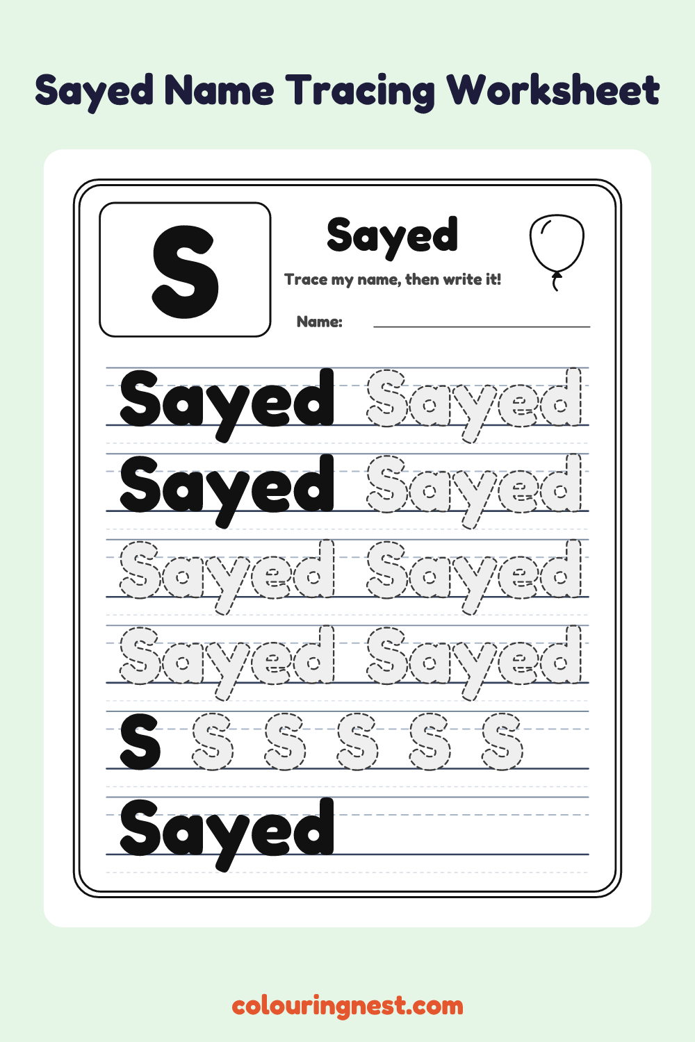 Sayed Name Tracing Worksheet: free printable black-and-white line art