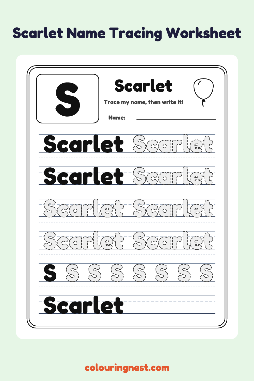 Scarlet Name Tracing Worksheet: free printable black-and-white line art