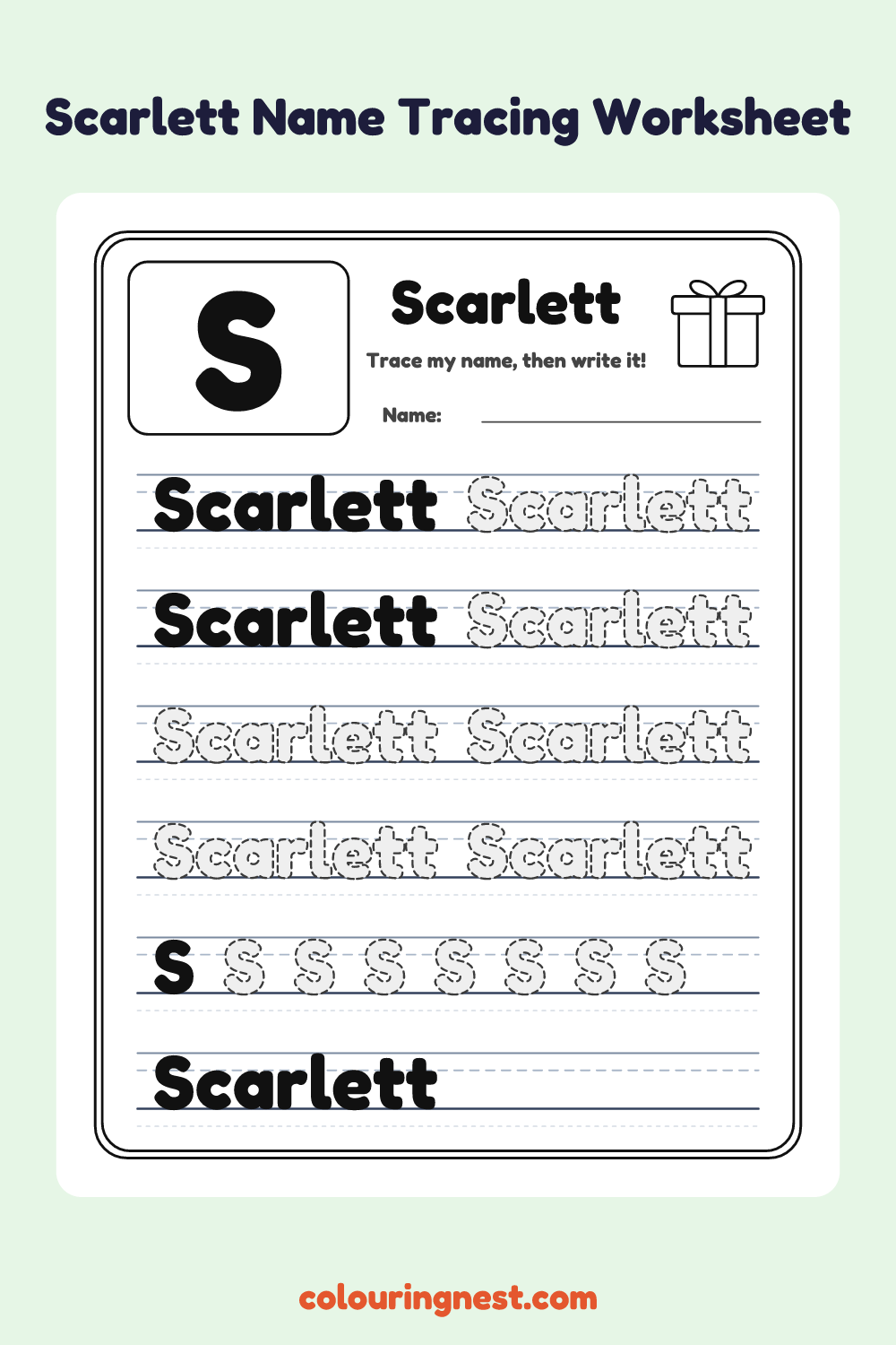 Scarlett Name Tracing Worksheet: free printable black-and-white line art