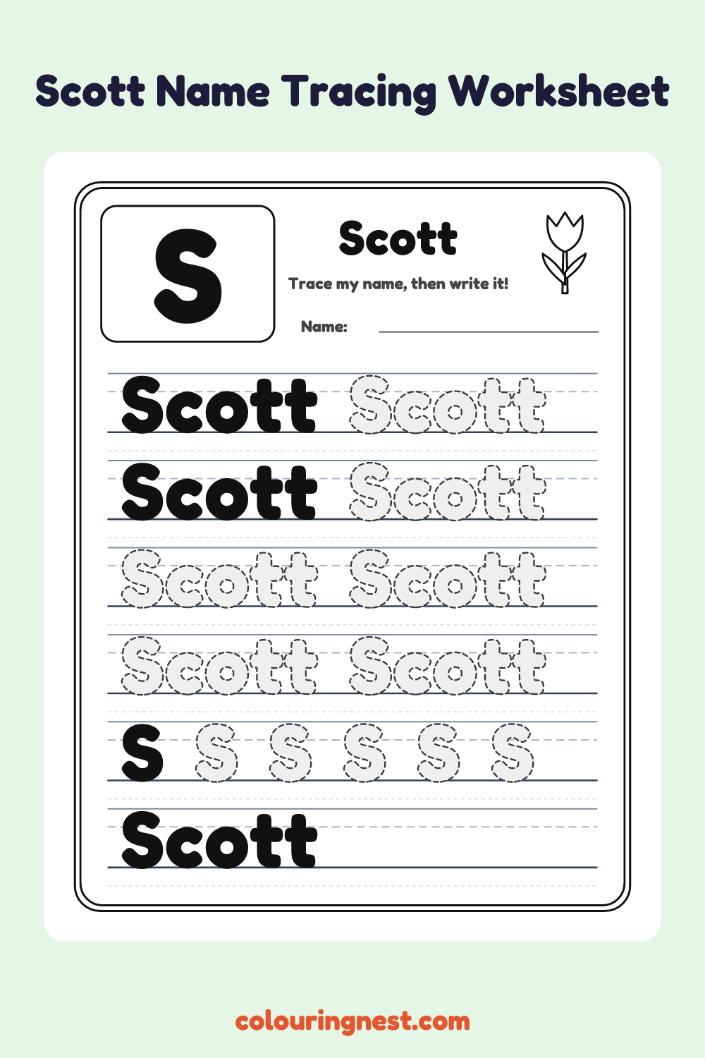 Scott Name Tracing Worksheet: free printable black-and-white line art