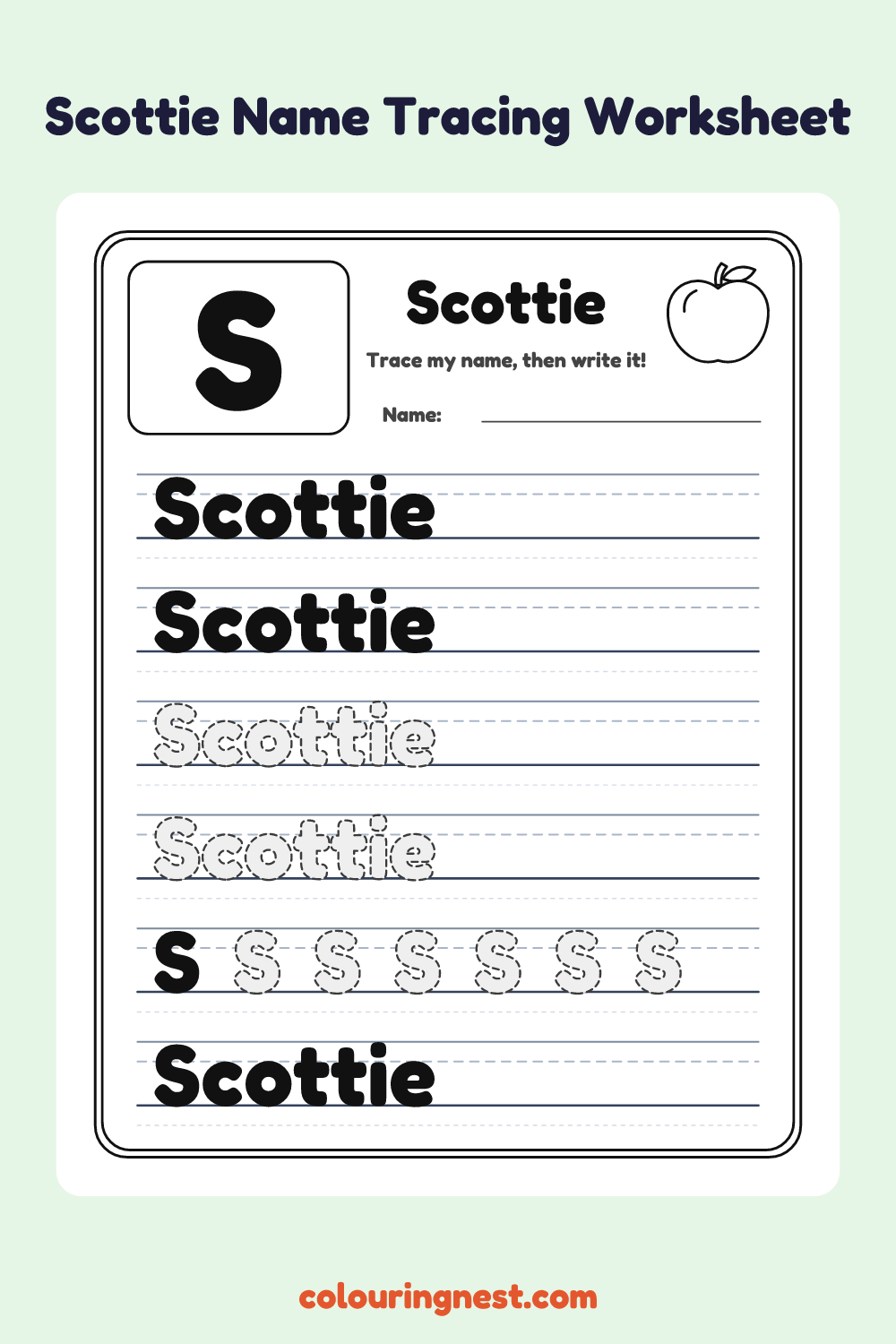 Scottie Name Tracing Worksheet: free printable black-and-white line art