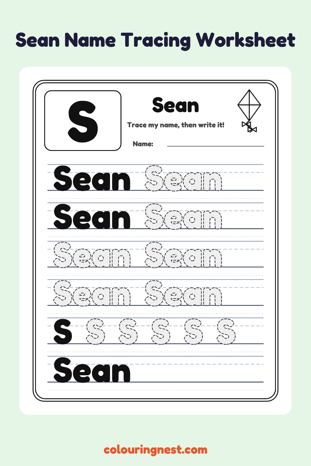 Sean Name Tracing Worksheet: free printable black-and-white line art