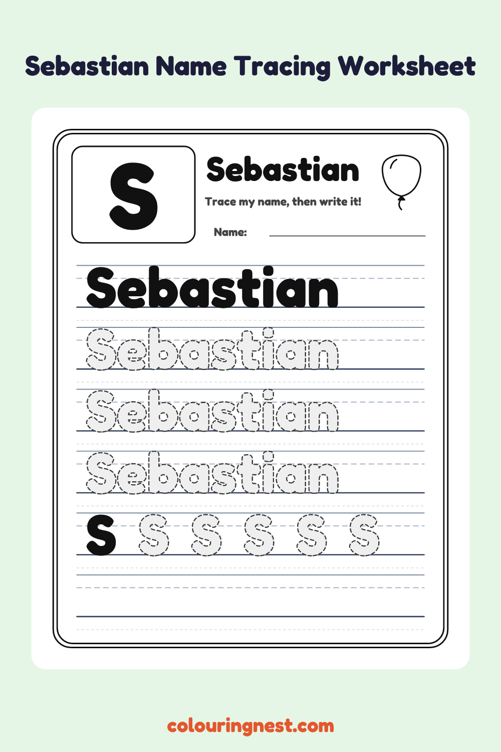 Sebastian Name Tracing Worksheet: free printable black-and-white line art