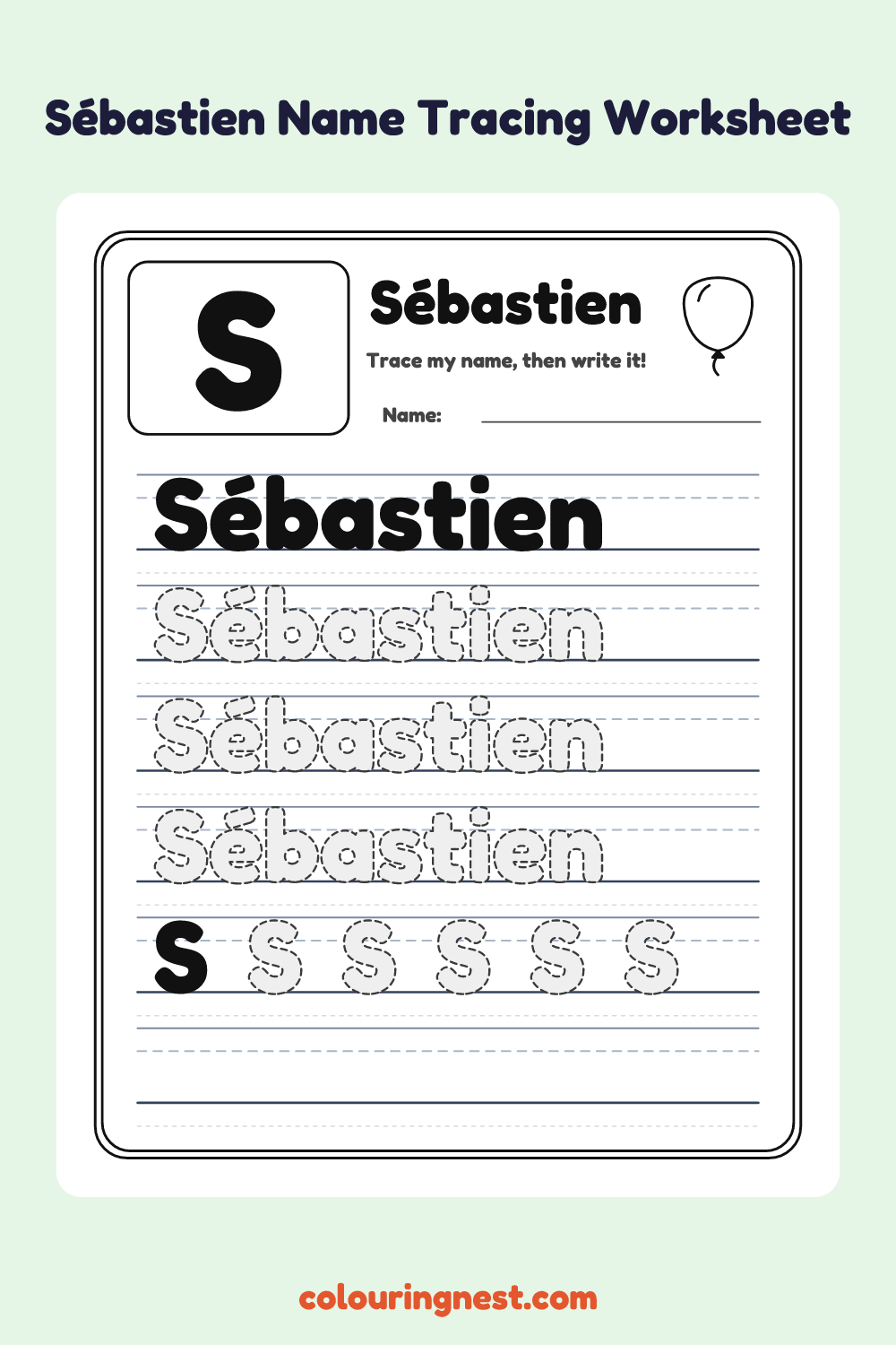 Sébastien Name Tracing Worksheet: free printable black-and-white line art