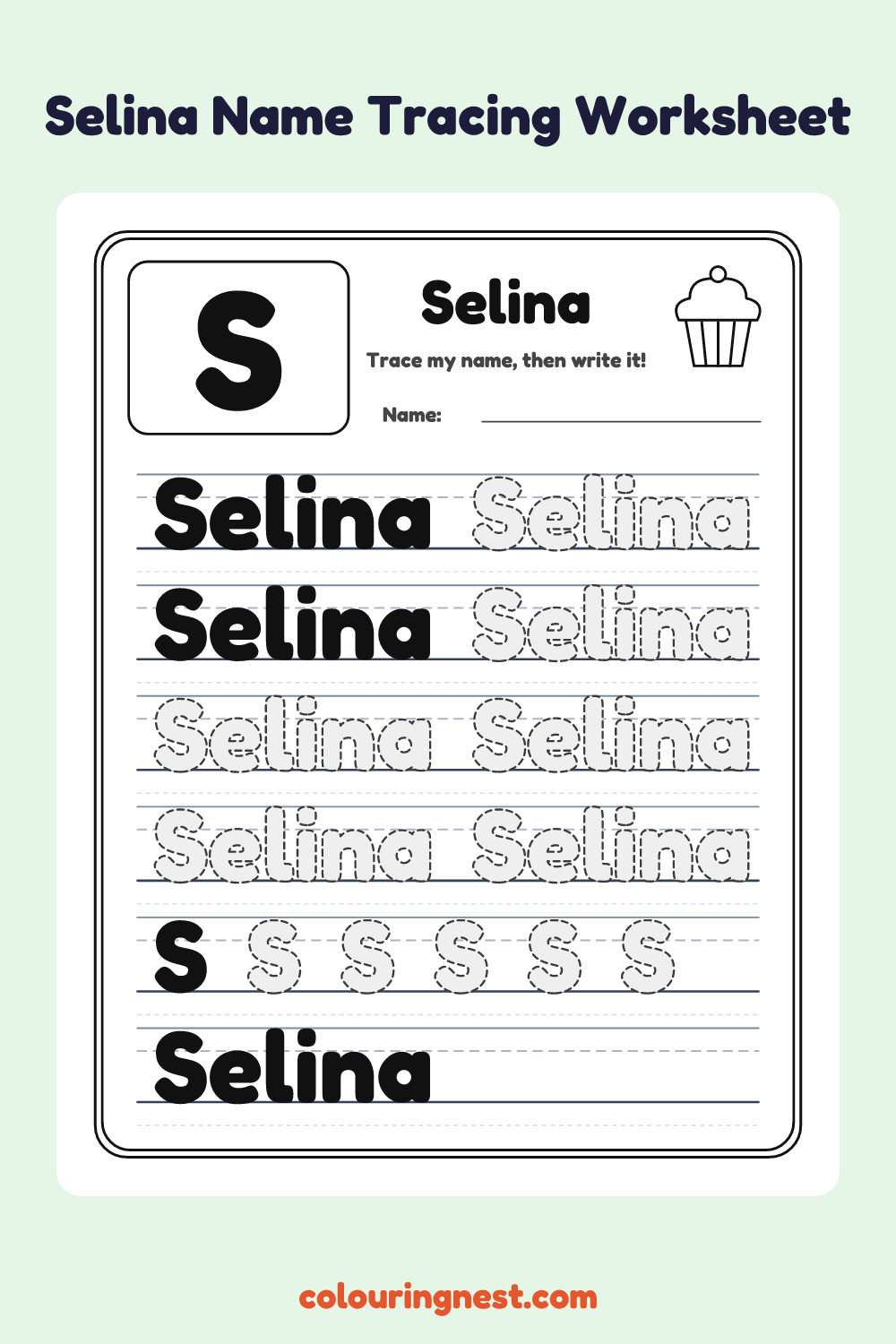 Selina Name Tracing Worksheet: free printable black-and-white line art