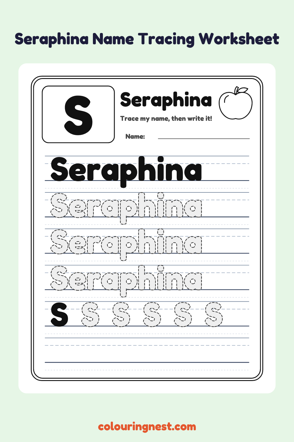 Seraphina Name Tracing Worksheet: free printable black-and-white line art