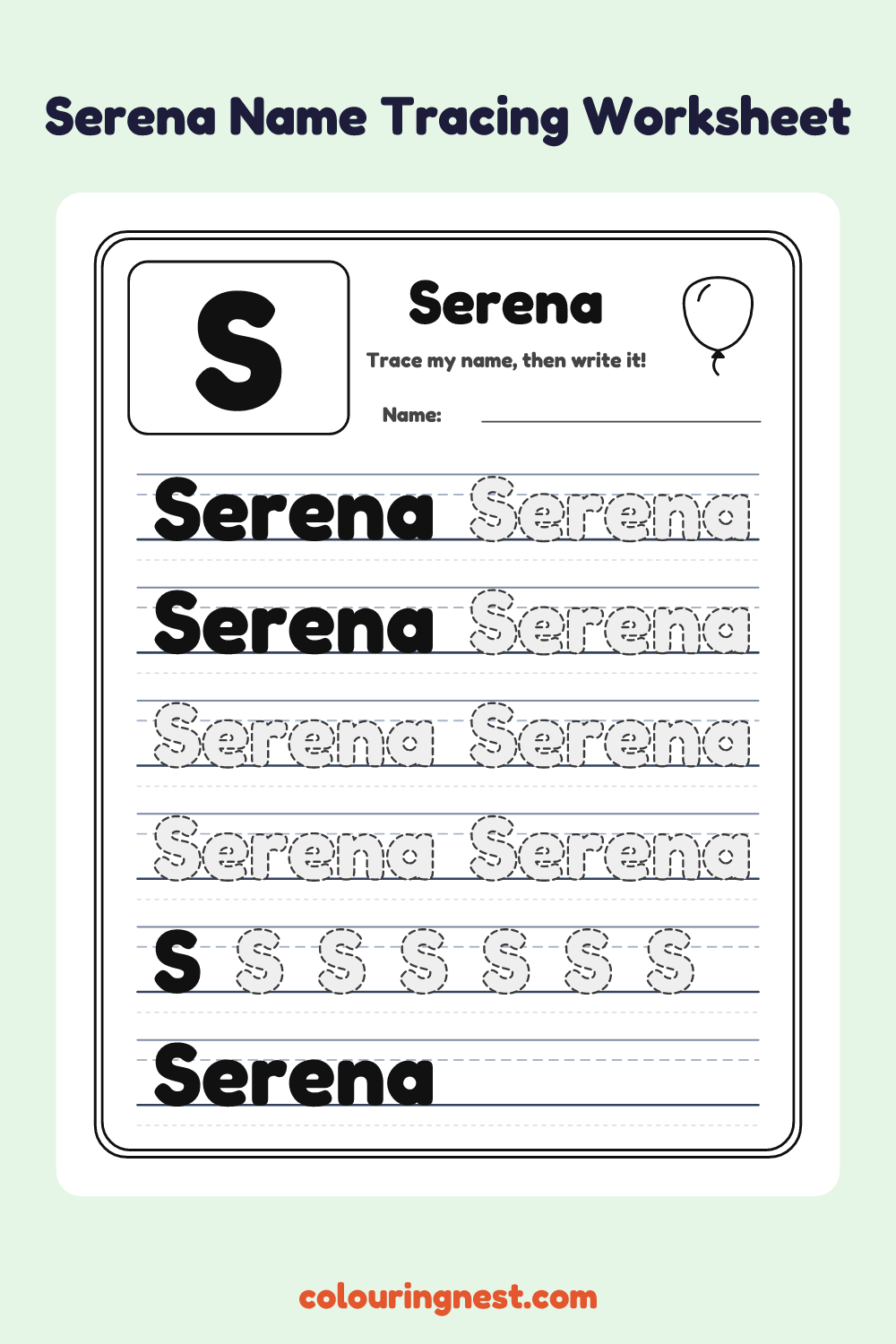 Serena Name Tracing Worksheet: free printable black-and-white line art