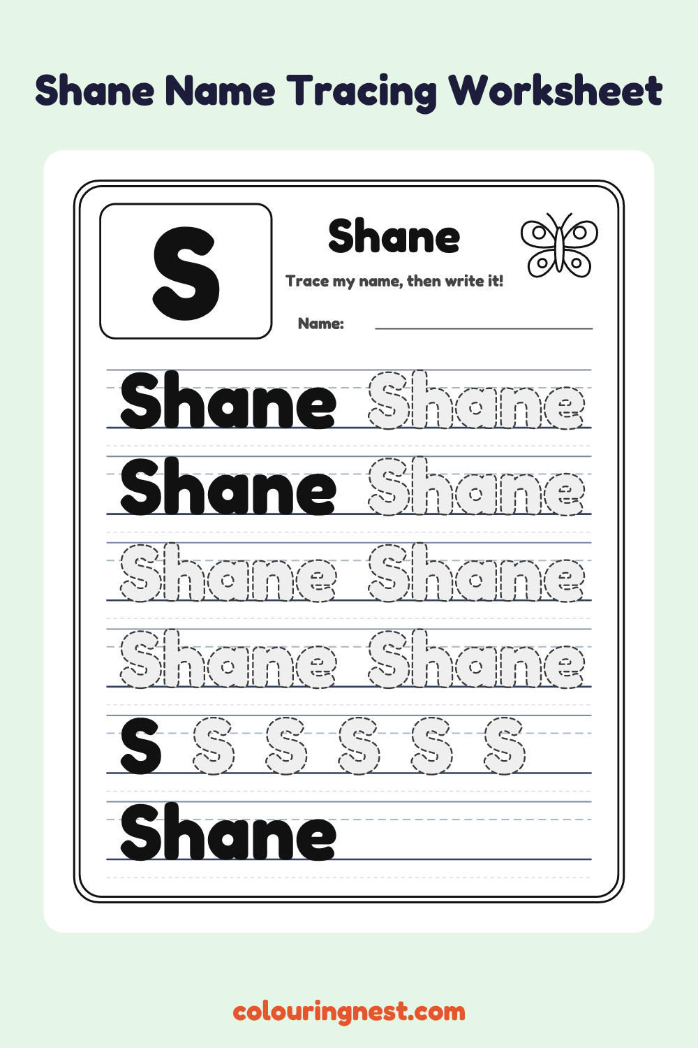 Shane Name Tracing Worksheet: free printable black-and-white line art