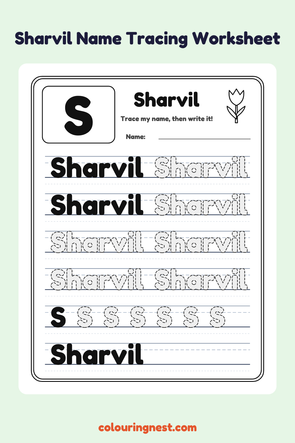 Sharvil Name Tracing Worksheet: free printable black-and-white line art