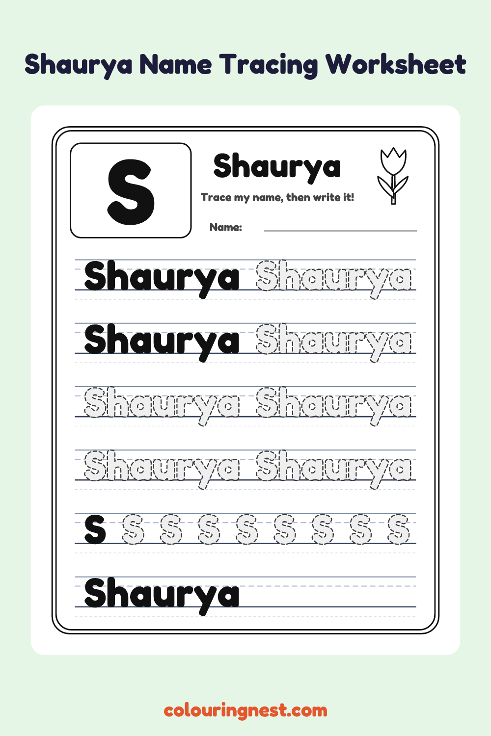 Shaurya Name Tracing Worksheet: free printable black-and-white line art