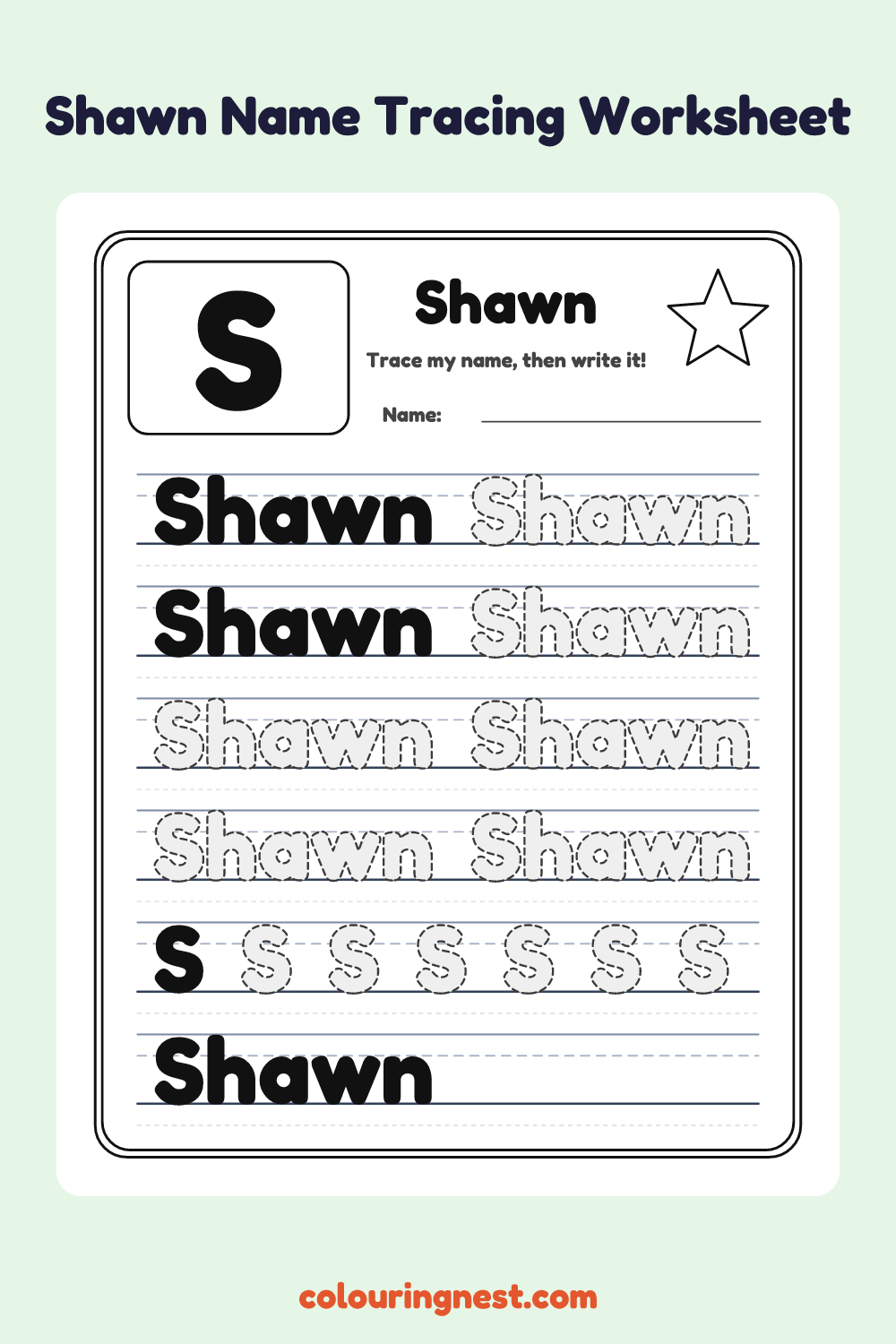 Shawn Name Tracing Worksheet: free printable black-and-white line art
